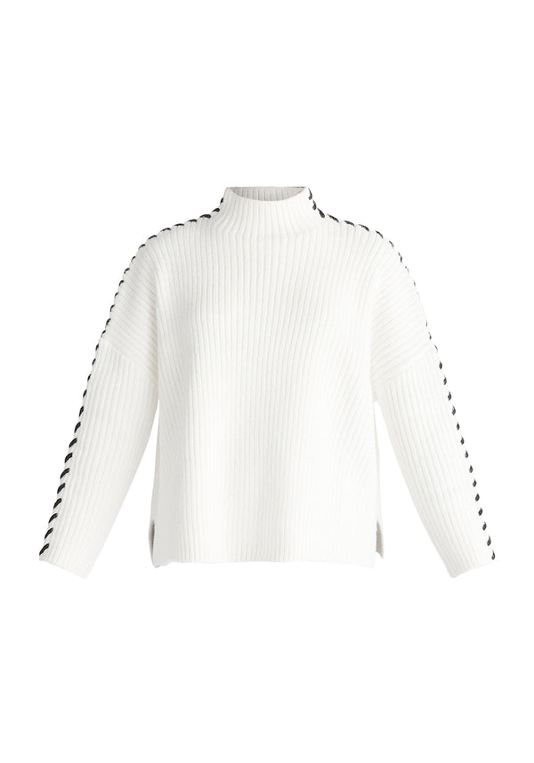 Paisie Contrast Whipstitch Jumper in White Cut Out